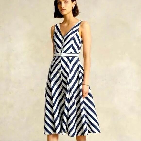 Polo Ralph Lauren Romy Sleeveless Dress Blue White Striped Nautical 8 - Picture 1 of 6